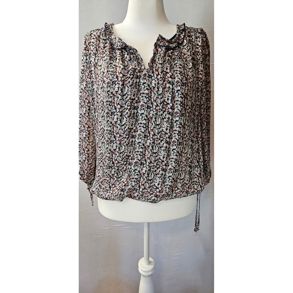 Blousology Womens XL Floral Ruffle Neck Blouse Navy Blue Long Sleeve Top